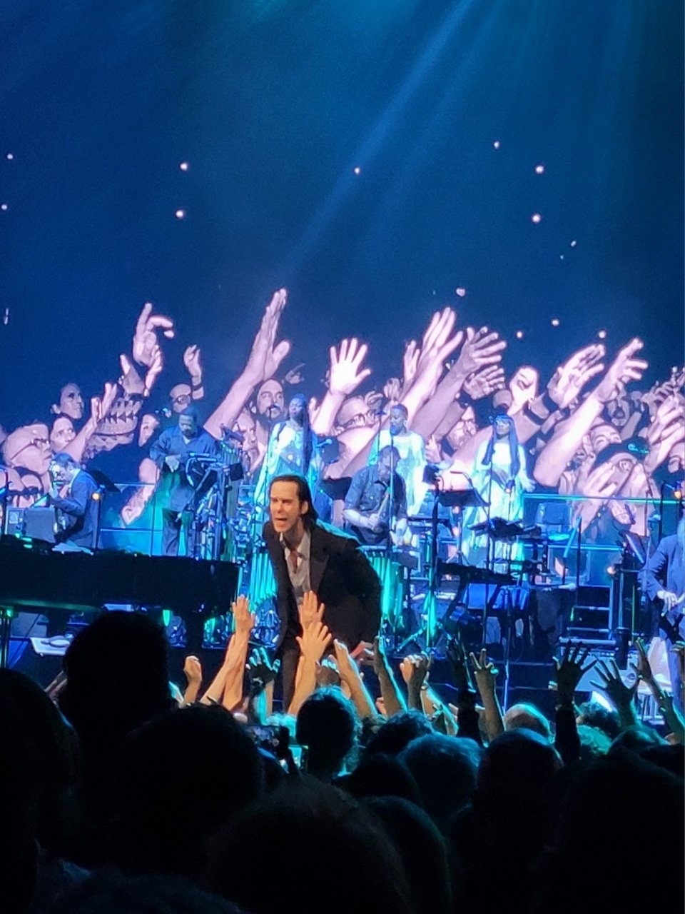 A performer on stage leans towards an enthusiastic crowd, with musicians playing in the background and a backdrop of waving hands.