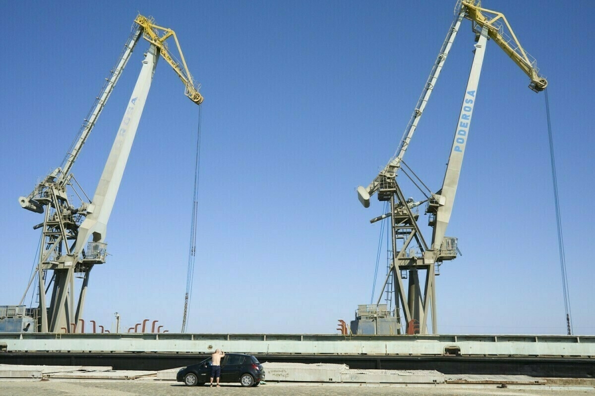 Man standing by two cranes