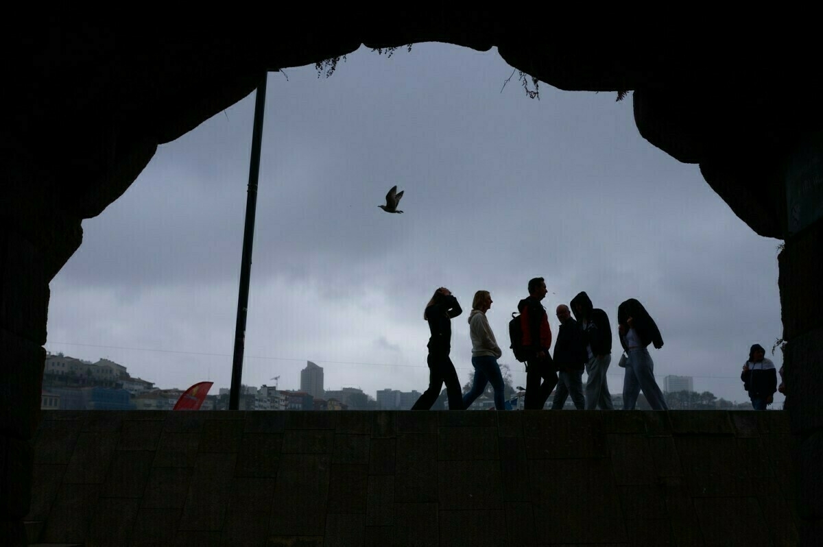 People are walking in silhouette under an arch with a bird flying overhead against a cloudy sky.