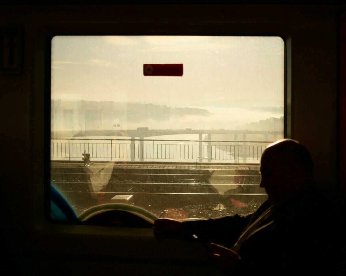 A person sits in a train near a window, gazing at a misty landscape with a bridge in the distance.