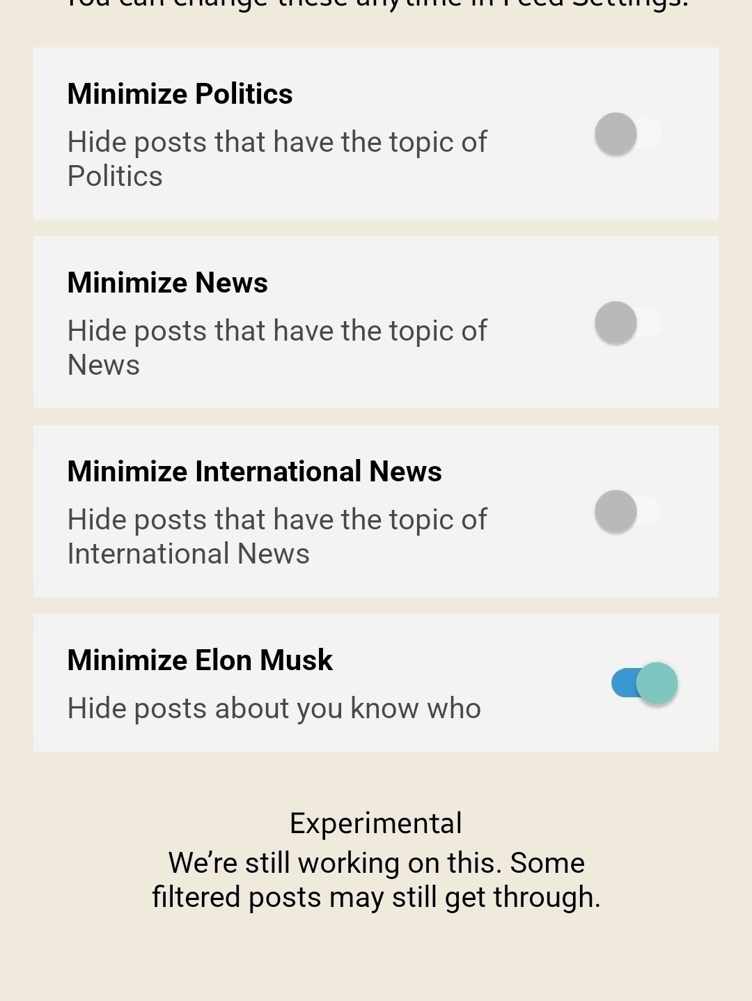 A user interface shows options to minimize posts about politics, news, international news, and Elon Musk, with the last option turned on.