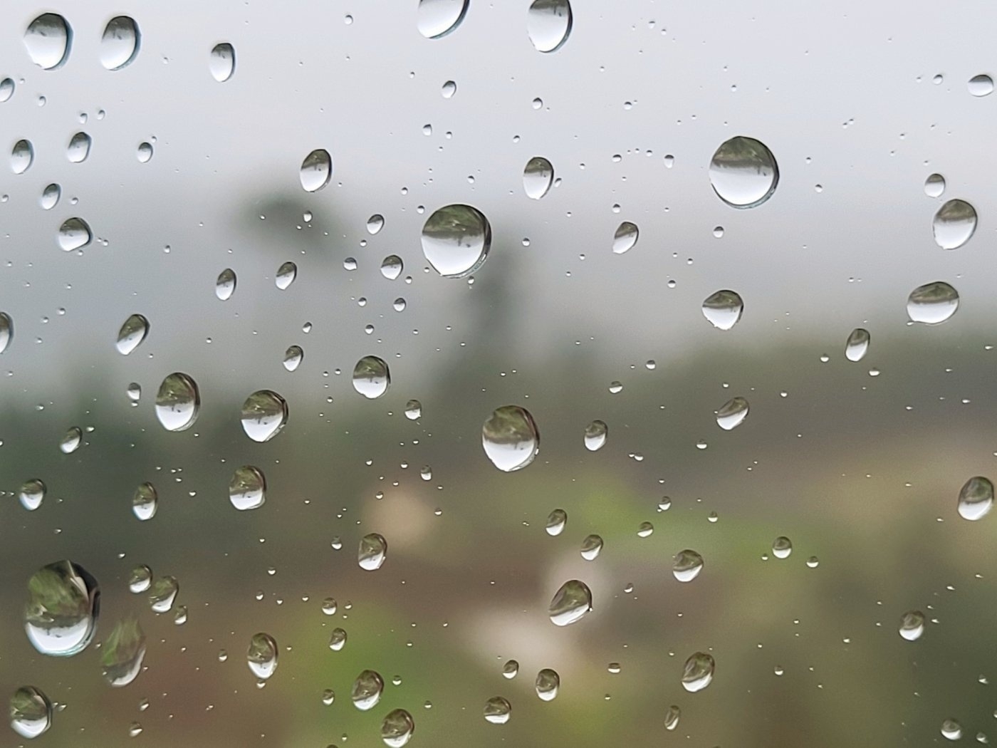 Raindrops are clinging to a window, with a blurred view of a landscape in the background.