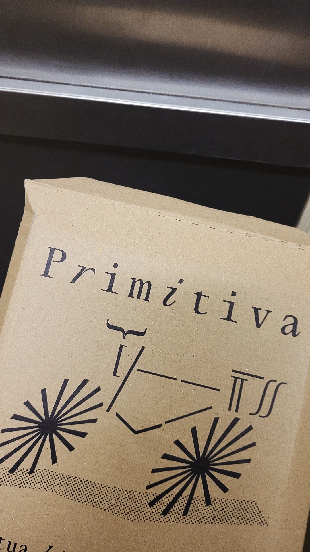 A cardboard box labeled Primitiva features abstract geometric designs and text.