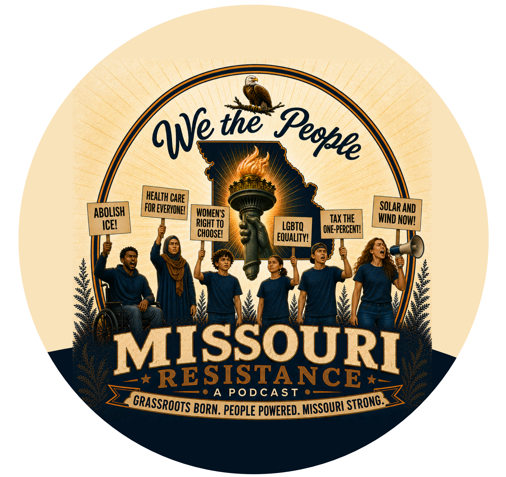 Auto-generated description: A diverse group of people holding signs advocating for social and political issues stand united in front of a lit torch inside the outline of Missouri, with We the People and Missouri Resistance Podcast prominently displayed.