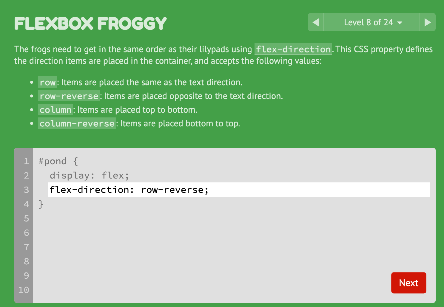 Flexbox Froggy level 8, explaining the flex-direction property, its possible values of row, row-reverse, column, or column-reverse, and a blank to type in the correct property-value pair.
