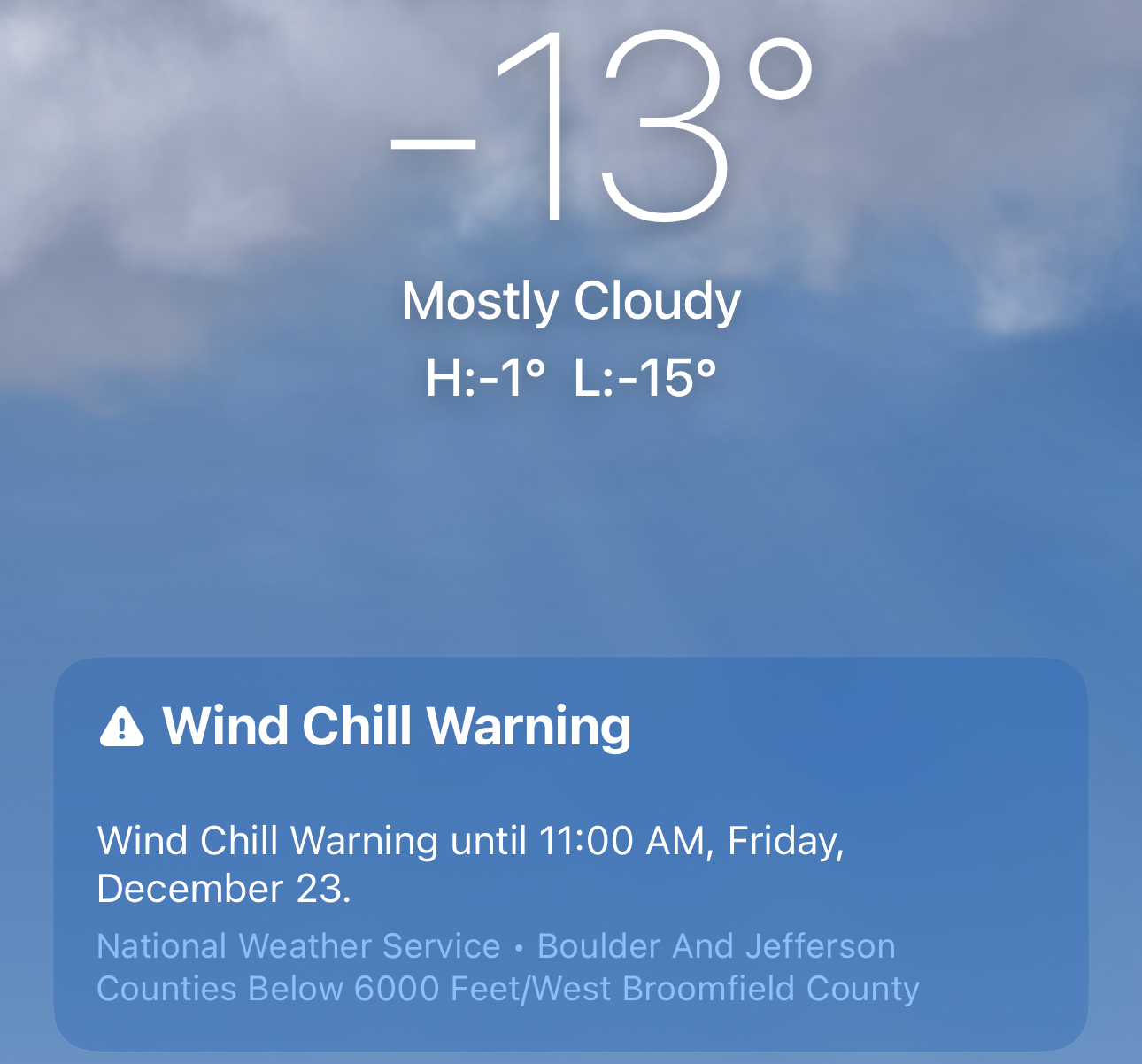 Weather app showing current weather as -15F 