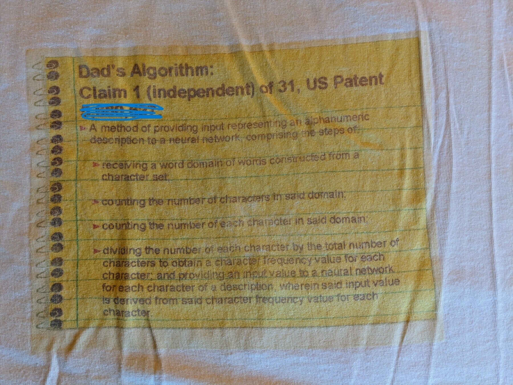 old tee shirt with custom decal with first lines of algorithm
