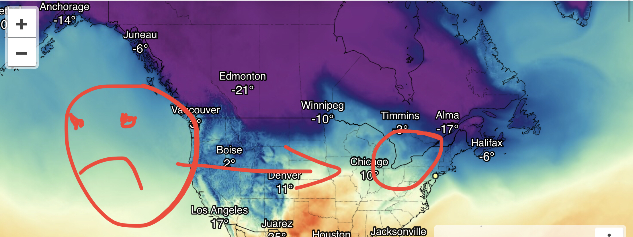 temperature map showing yet another green Christmas for Southern Ontario