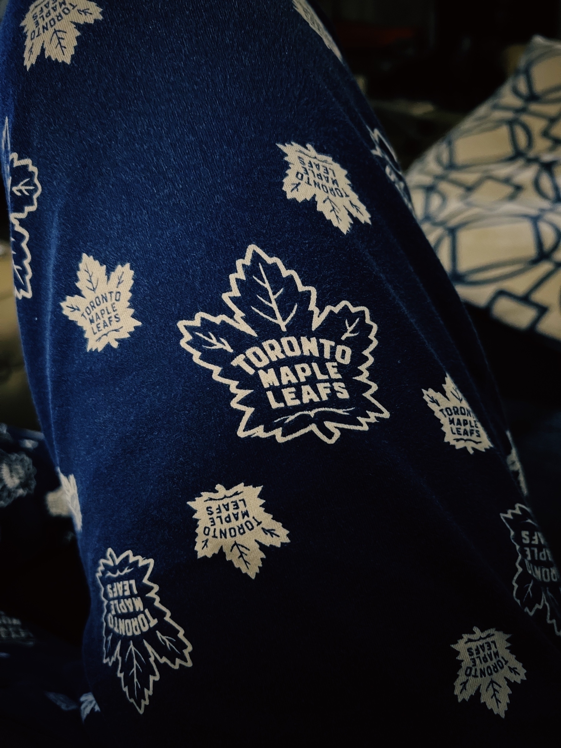 Photo of my Toronto Maple Leafs lounge pants.