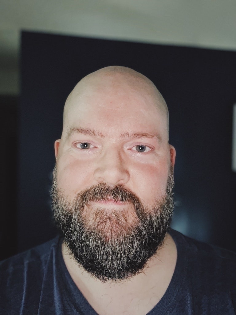 selfie after a fresh head shave and beard trim