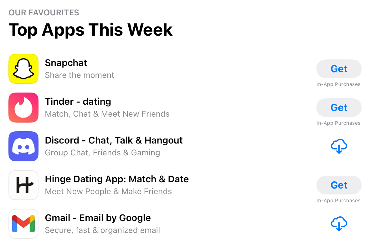 Screenshot from the App Store, showing this week’s top apps: Snapchat, Tinder, Discord, Hinge Dating App, and Gmail. I weep for our collective future.