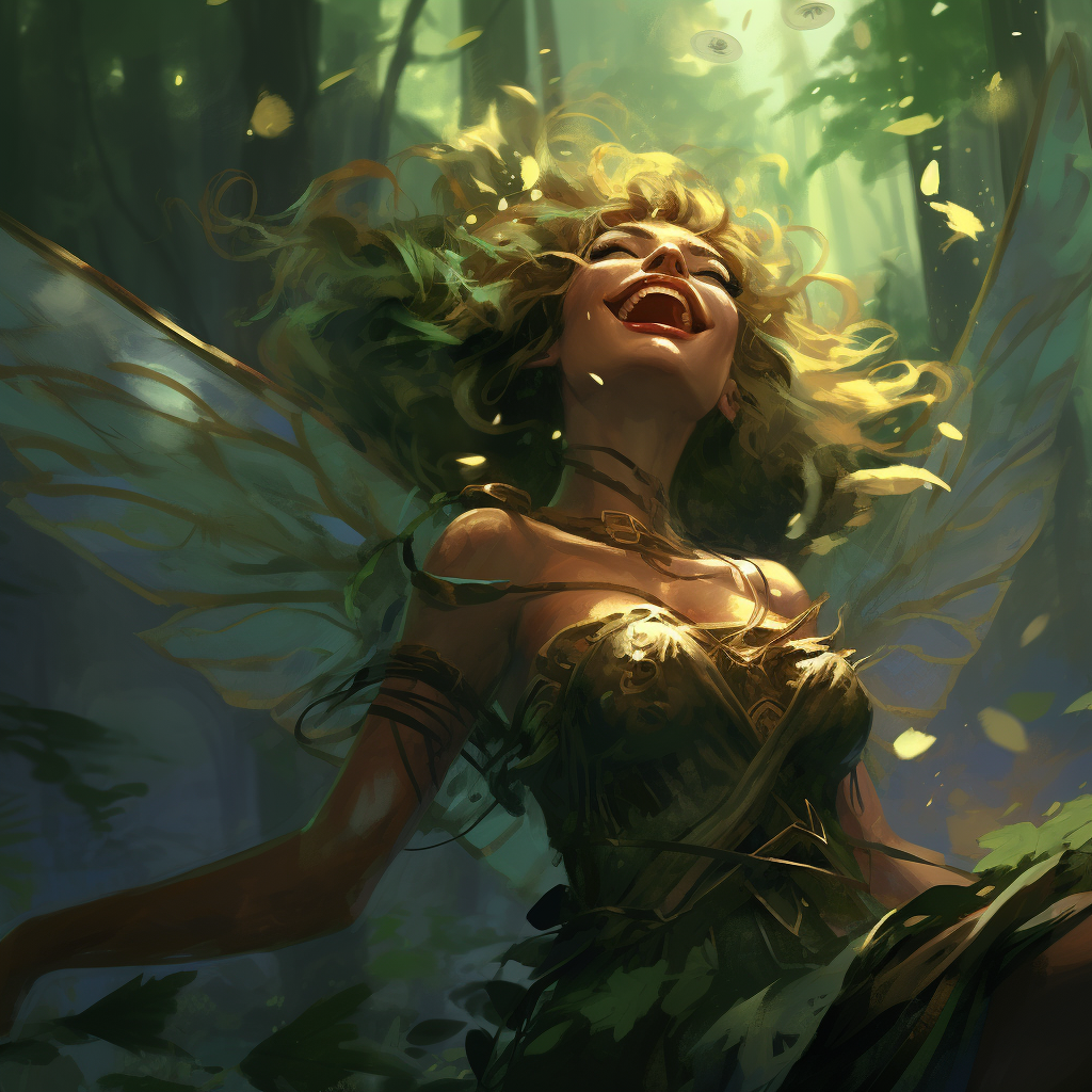 A cruel laughing fairy, in a forest, in a fantasy setting, in the art style of D&D 