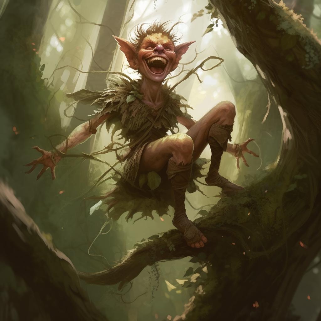 A cruel laughing pixie, in a forest, in a fantasy setting, in the art style of D&D