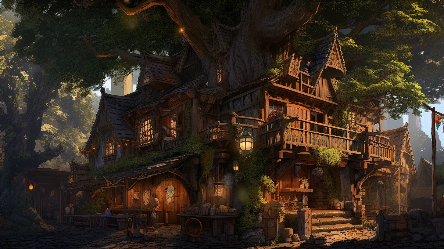 Exterior of fantasy tavern built into a large tree.