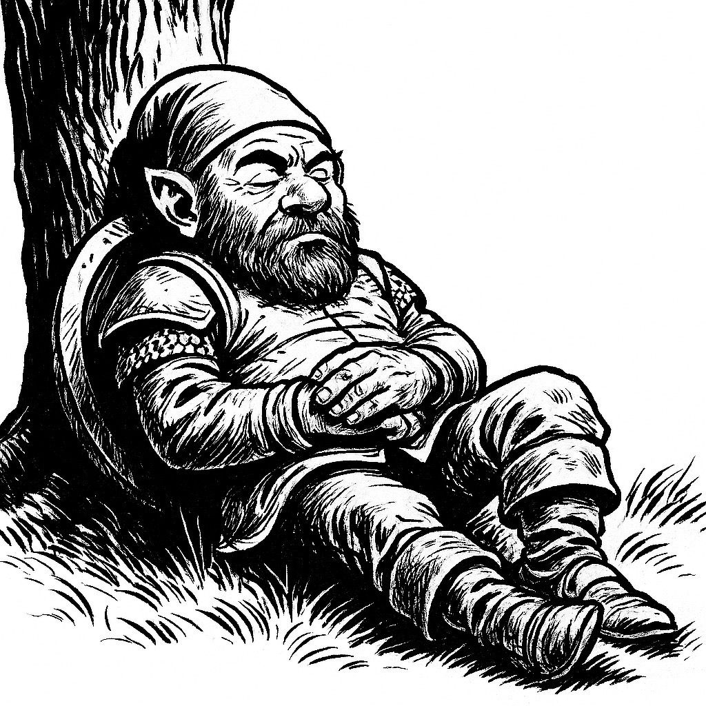 Auto-generated description: A gnome with a beard and a hat is sleeping against a tree.