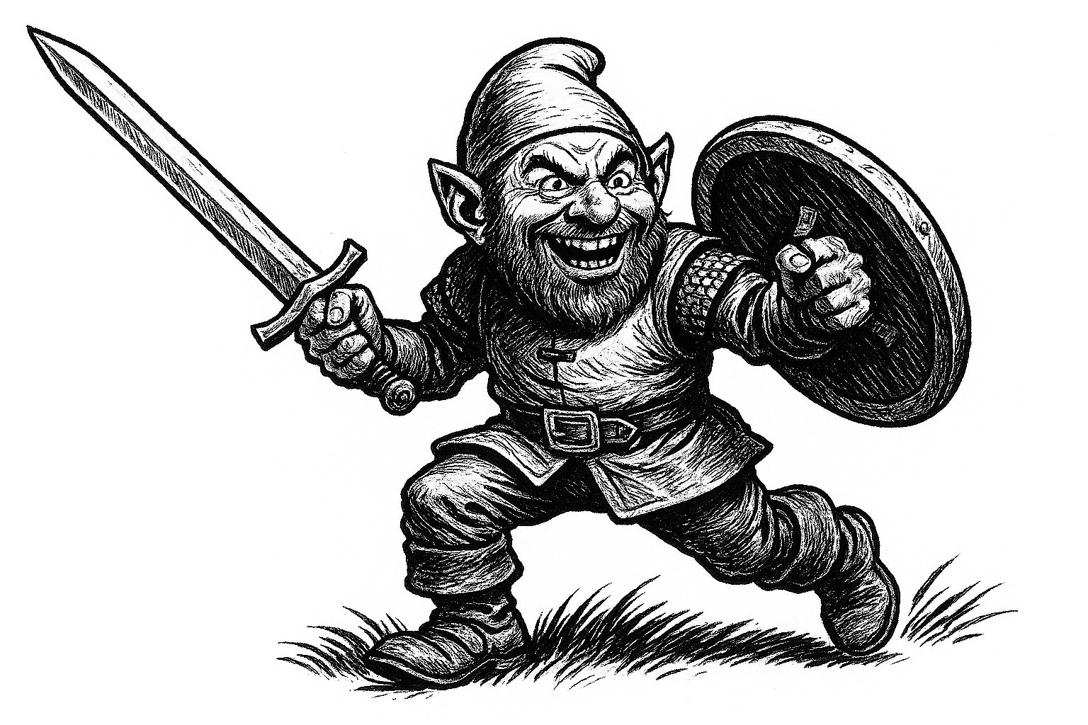 Auto-generated description: A gnome warrior, holding a sword and shield, is depicted in a dynamic fighting pose with an intense expression.