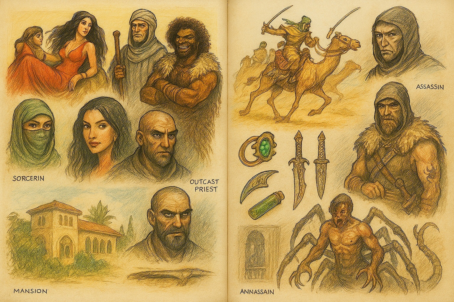 Auto-generated description: An illustrated collection of various characters including an assassin, sorceress, and outcast priest, alongside a mansion and a camel rider, with fantasy elements like an arachnid creature and daggers.