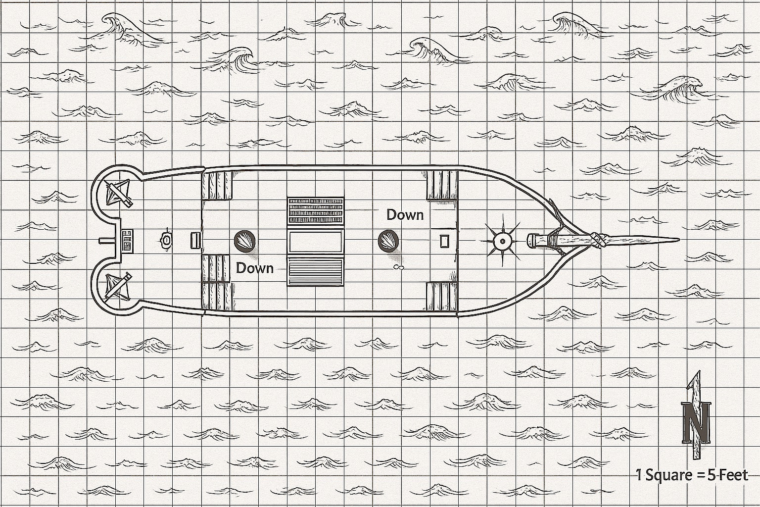 Auto-generated description: A top-down schematic of a ship with grid lines and directional indicators showing waves and water around it.