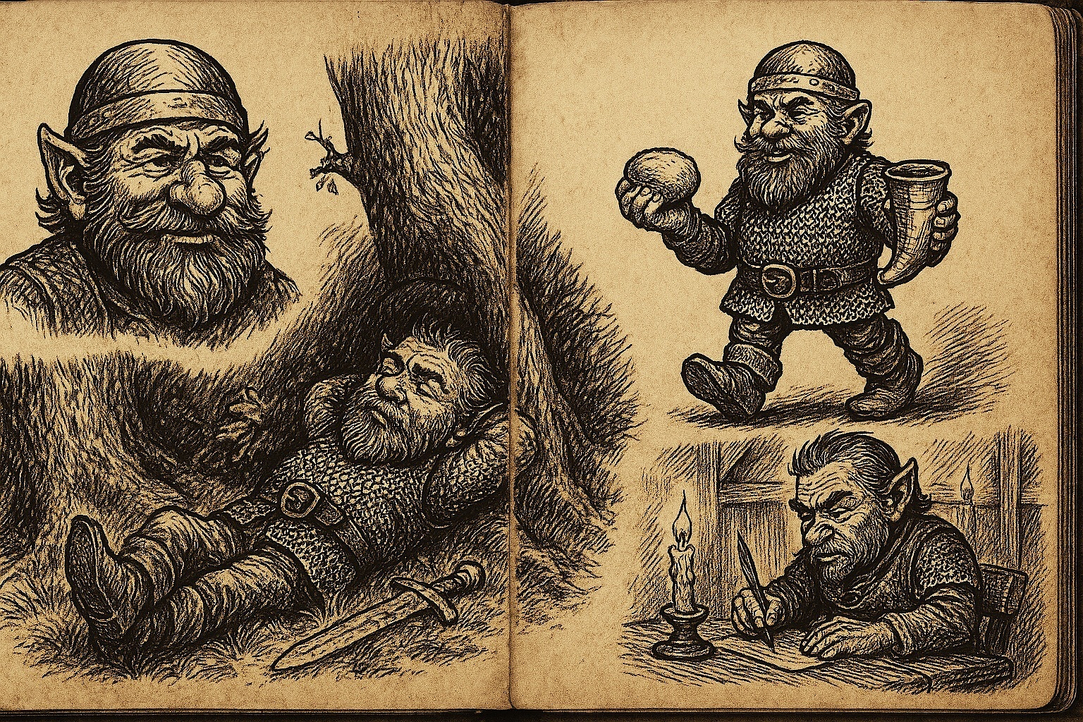 Auto-generated description: A detailed illustration features a bearded dwarf with various expressions and activities, such as holding a mug and writing with a candle nearby.