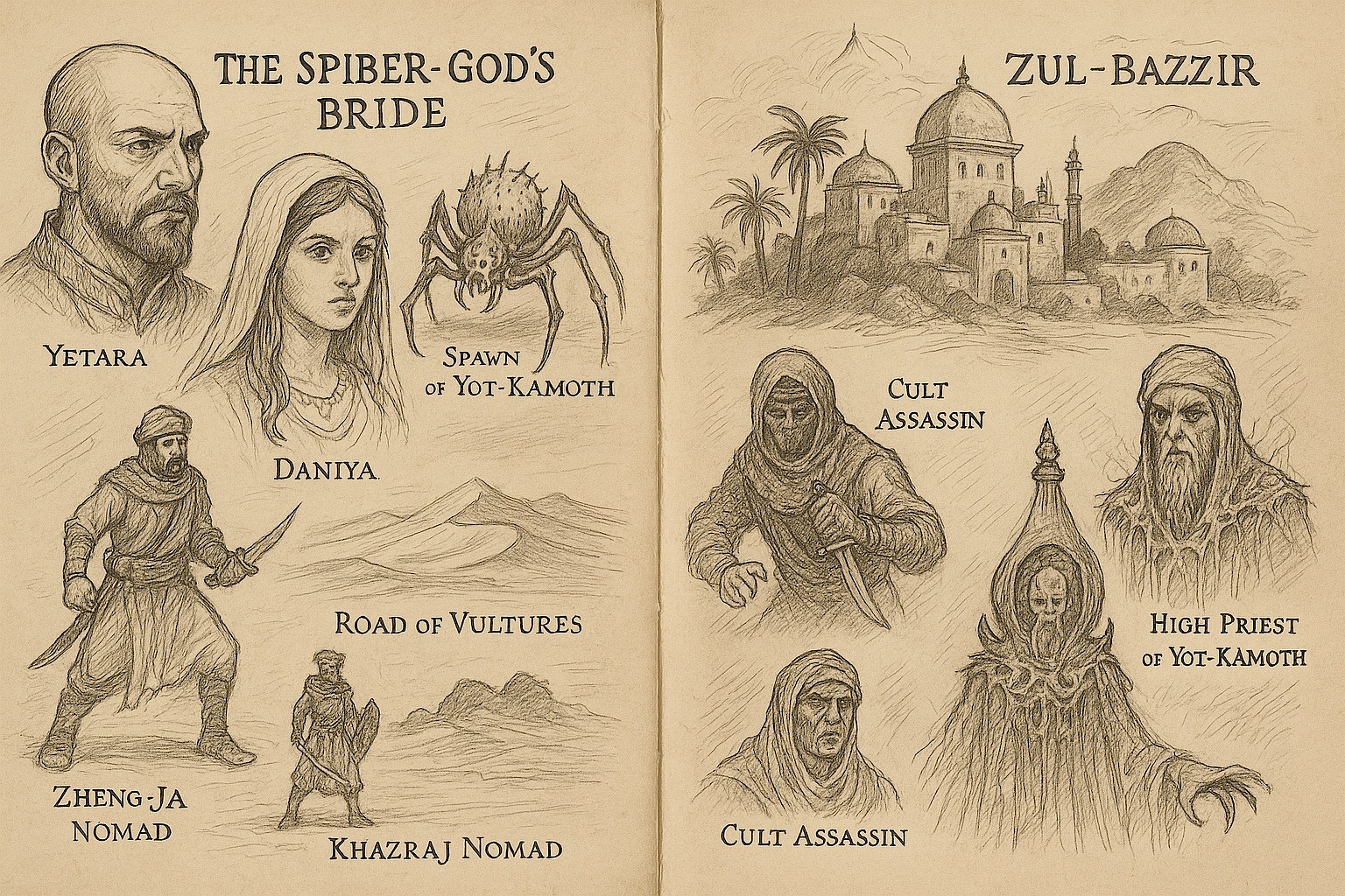 Auto-generated description: Fantasy character illustrations and a city drawing, featuring figures like Yetara, Daniya, cult assassins, and a high priest, with labels and names.
