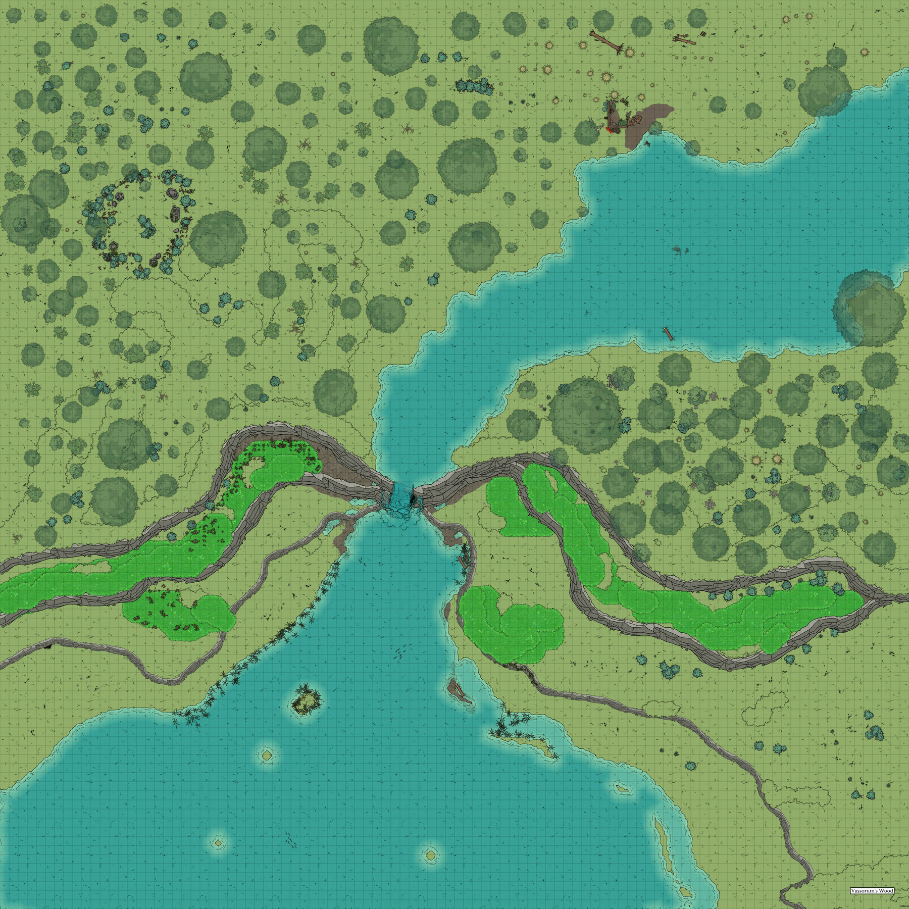 Auto-generated description: A detailed map features a landscape with rivers, forests, and pathways, possibly representing a fictional or game world.