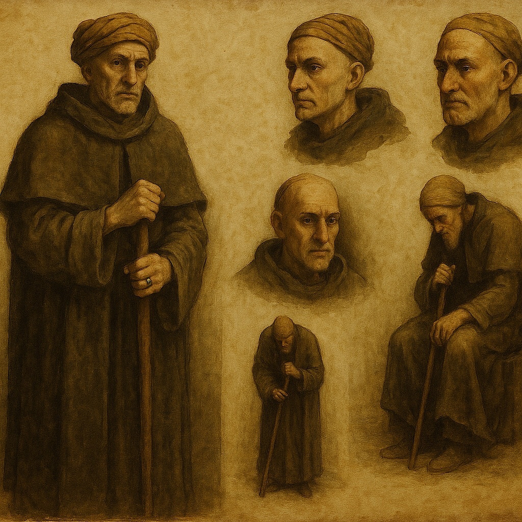 Auto-generated description: A series of portraits depict somber, contemplative monks in traditional robes, painted in a classic style with earthy tones.