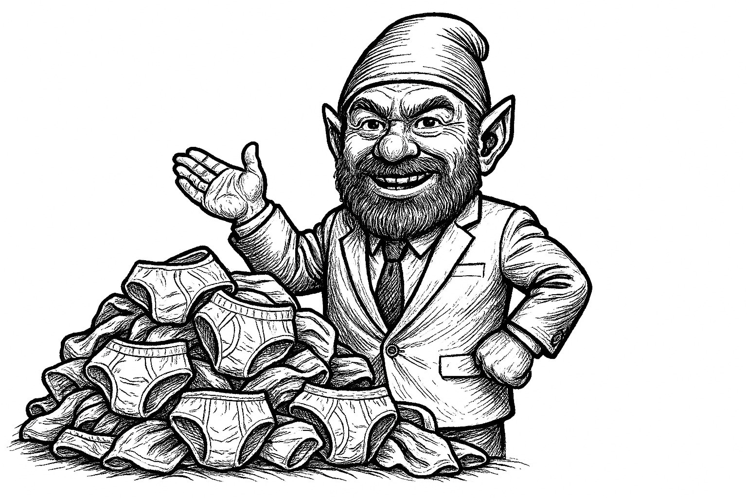 Auto-generated description: A gnome wearing a suit and tie is standing next to a large pile of underwear, smiling and gesturing with his right hand.