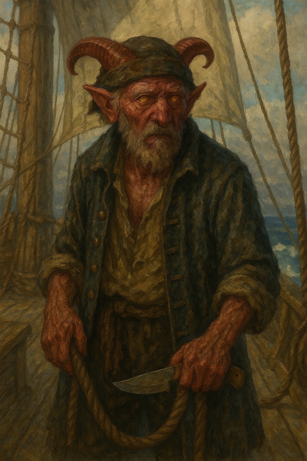 Auto-generated description: A fantasy-style painting depicts an elderly man with horns and pointed ears, holding a rope and a knife on a ship.