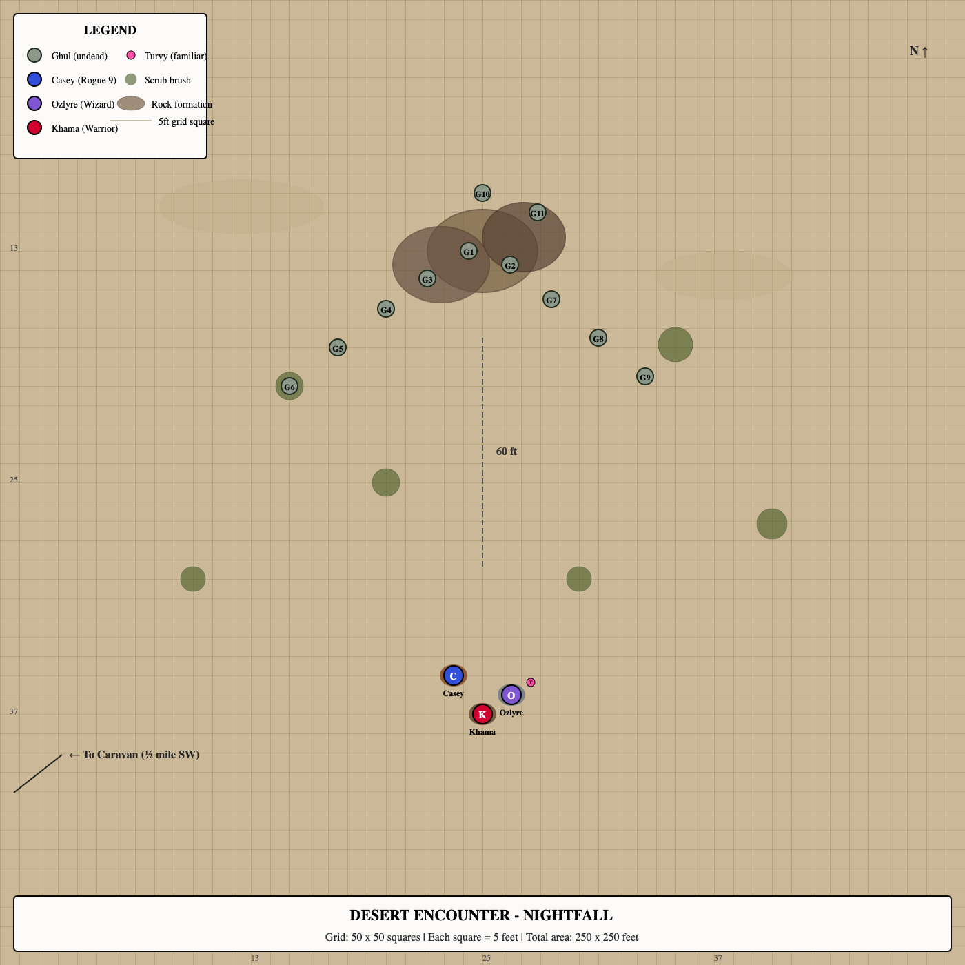 Vector battlemap with 11 ghast tokens in a fanned formation