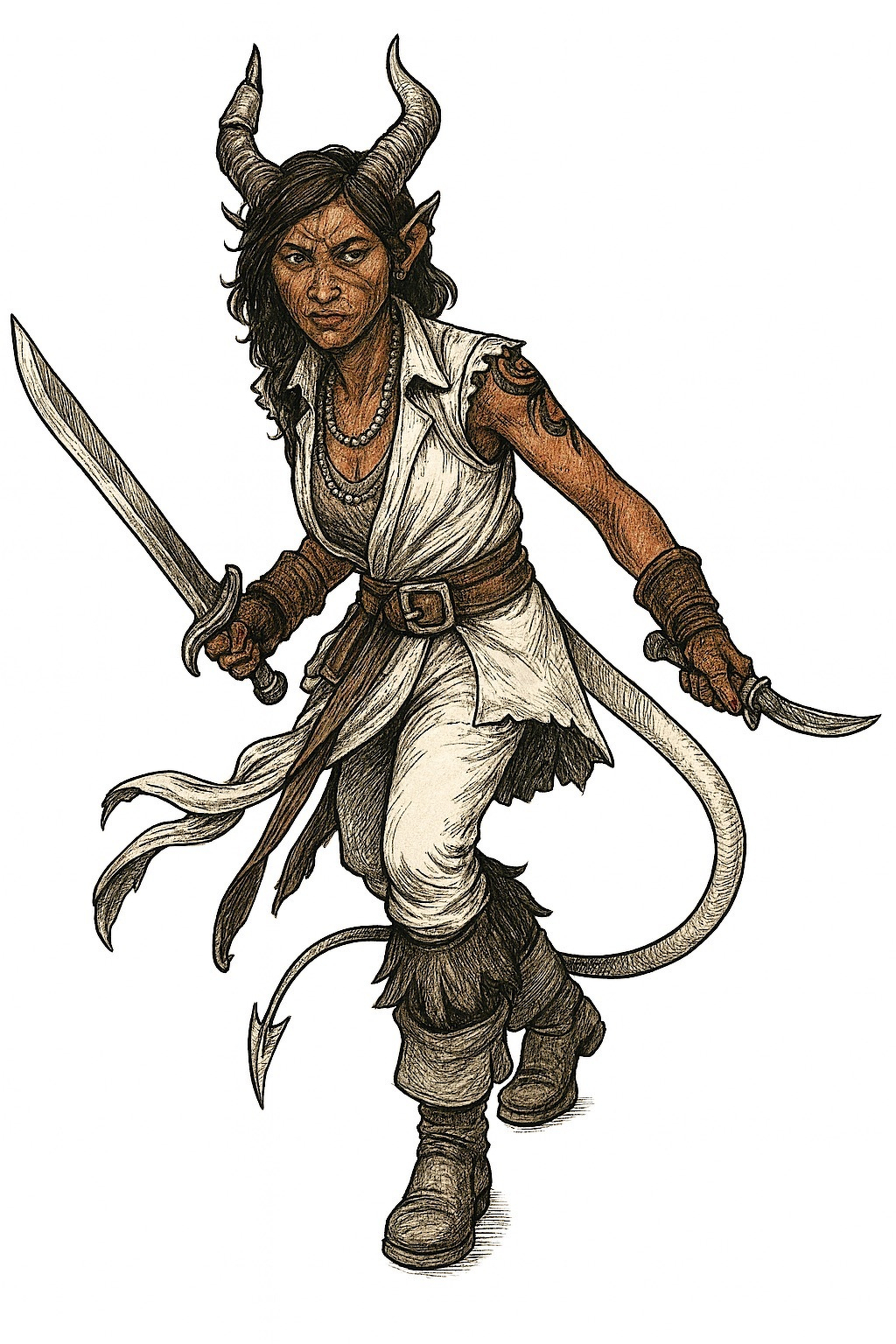 Auto-generated description: A horned humanoid with pointed ears and a long tail wields two swords, wearing a white outfit with brown accents.
