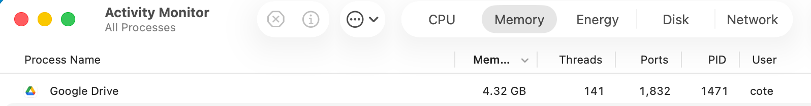 Google Drive taking up a ton of memory.
