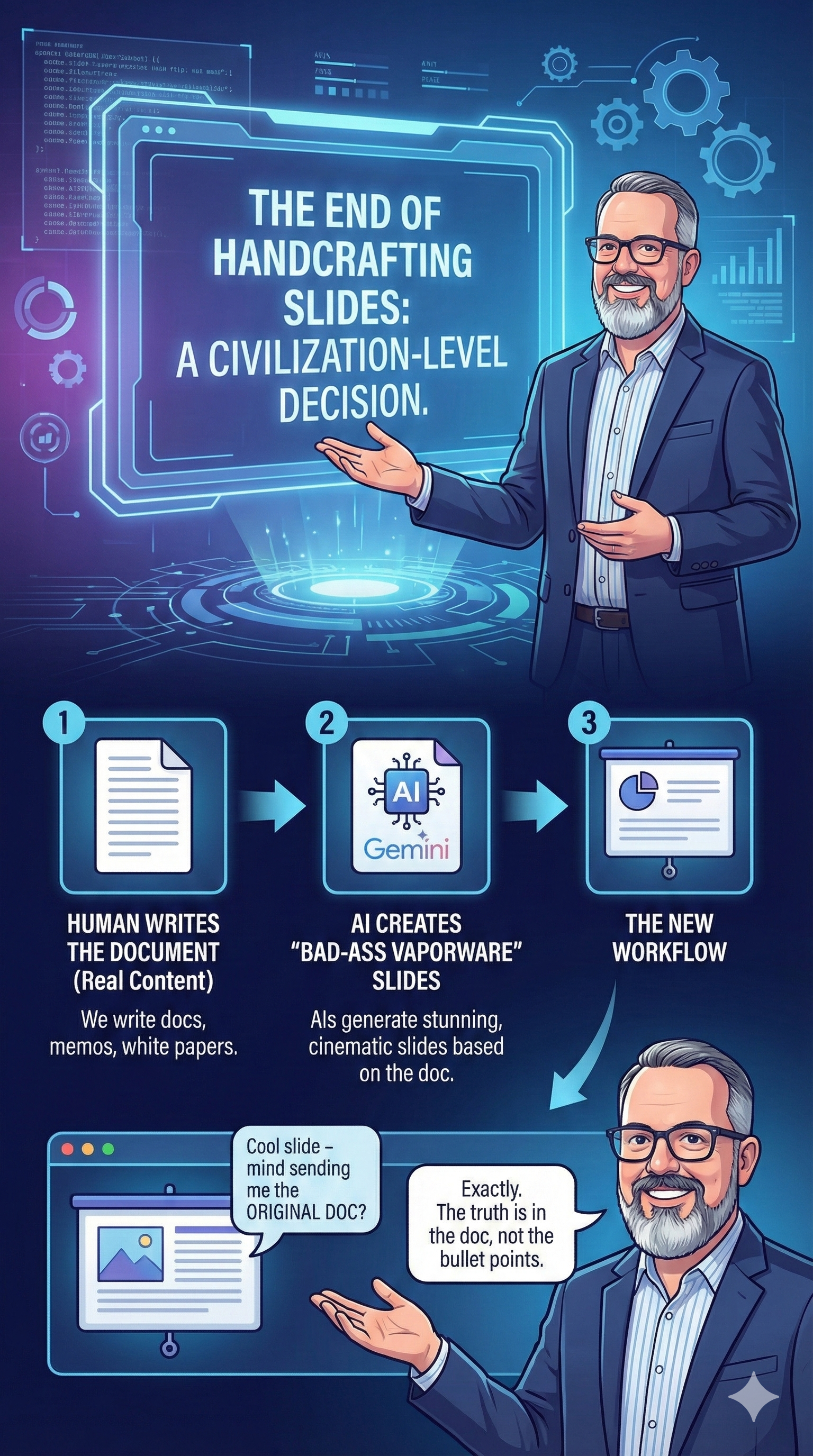 Auto-generated description: A man explains a new workflow for creating slides, where AI generates cinematic slides based on a human-written document.