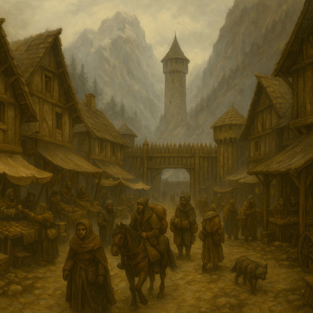 Medieval Village in Misty Valley
