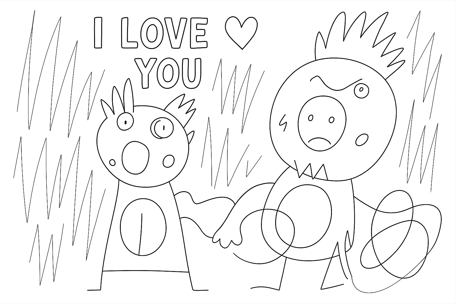 Auto-generated description: Two abstract, cartoonish figures with spiky hair hold hands under the text I LOVE YOU with a heart symbol.