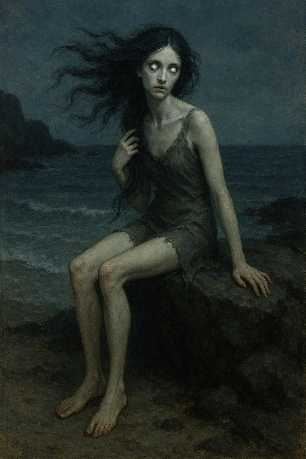 A ghostly figure with long, dark hair and white eyes sits on a rocky shore under a moody sky.