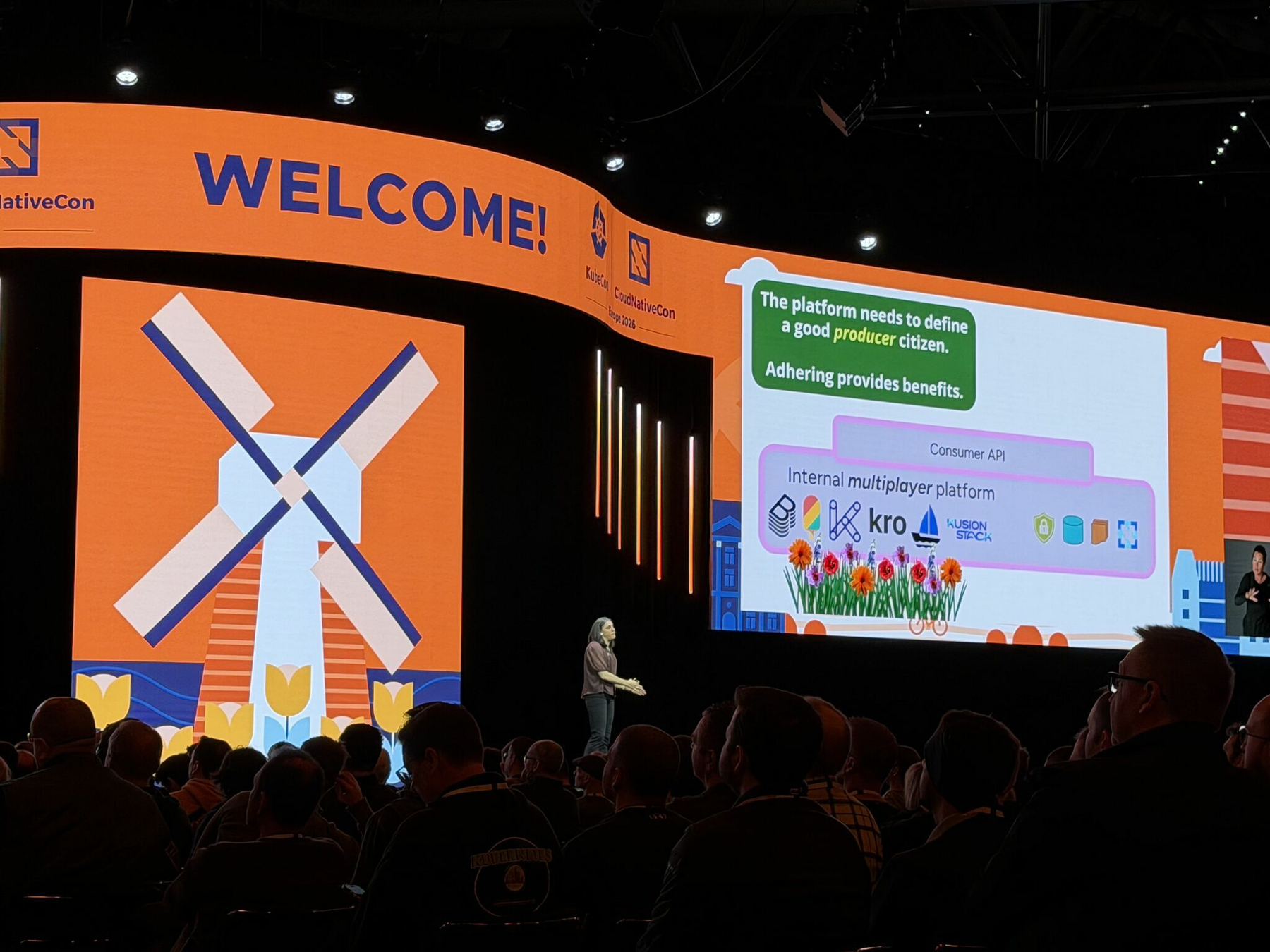 Abby Bangser presenting at
  KubeCon EU 2026. Photo by Daniel Bryant.