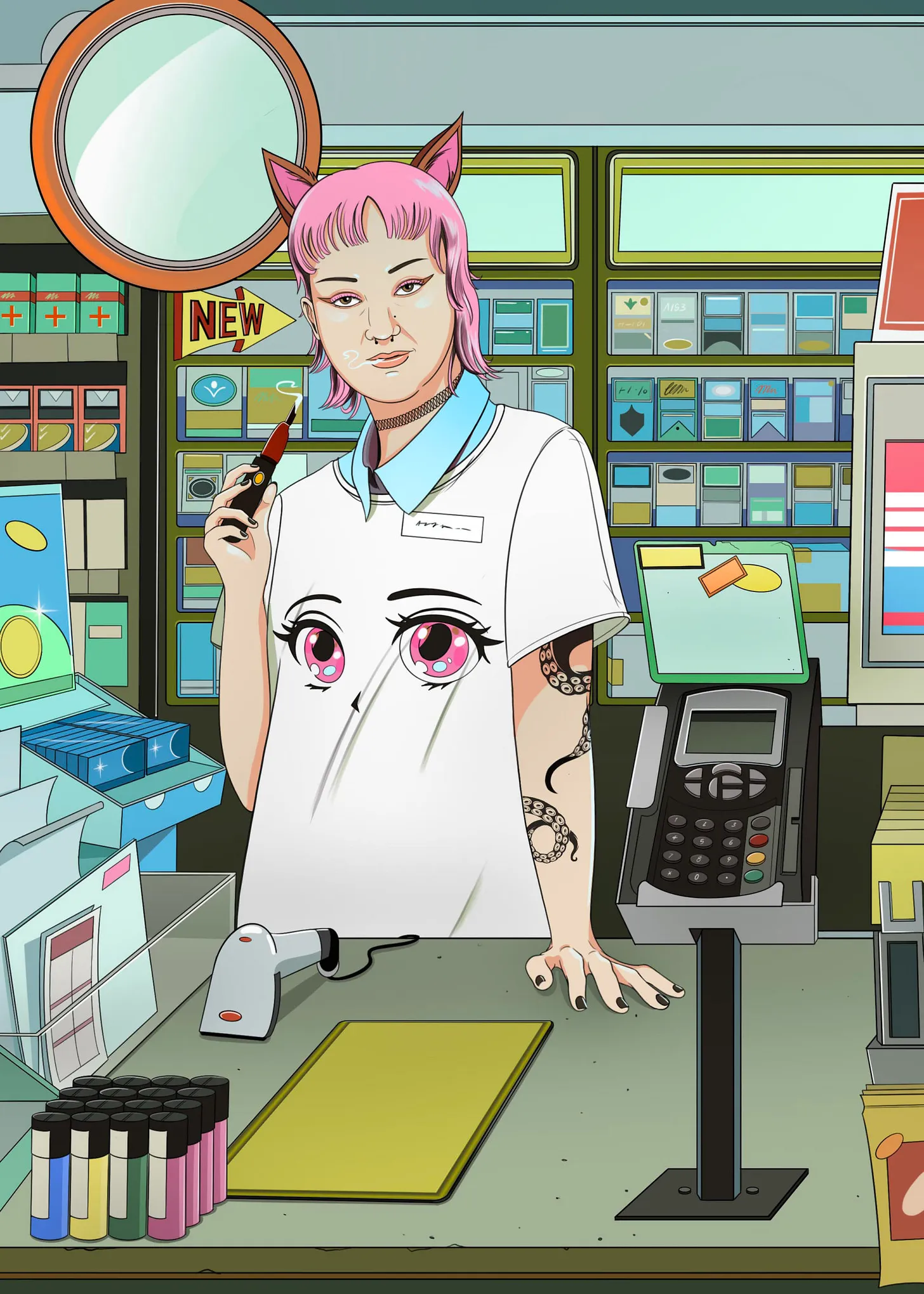 Auto-generated description: A person with cat ears and pink hair stands at a counter in a store, holding a vape pen, with anime-style eyes on their shirt.