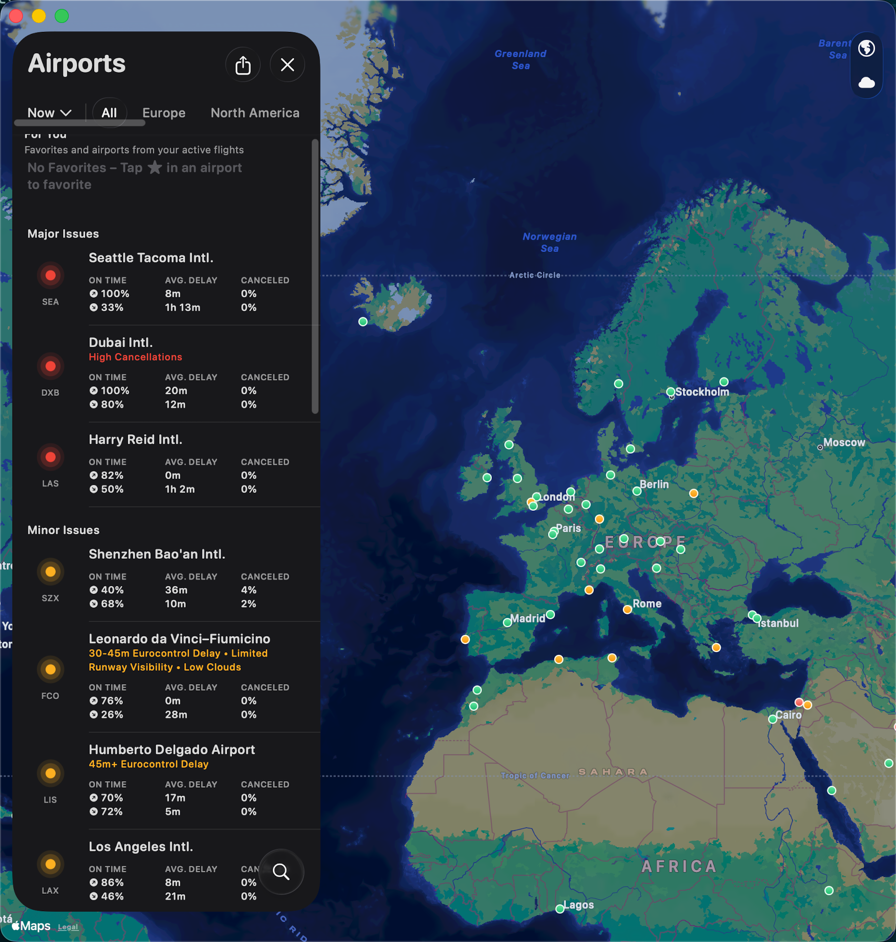 Flighty global airports status map showing major issues at Seattle Tacoma, Dubai, and Harry Reid, with minor issues at Shenzhen, Rome Fiumicino, Humberto Delgado, and LAX