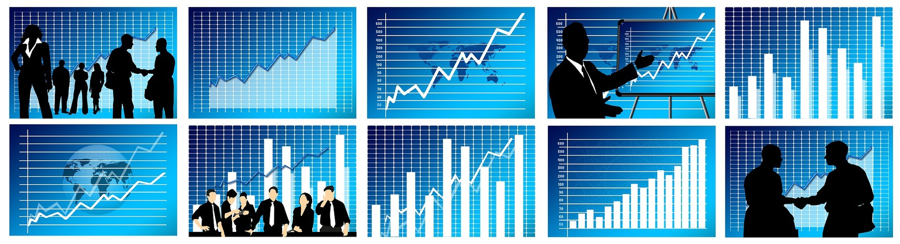 A collage of charts, graphs, and silhouettes of people engaged in business activities against a blue background. From geralt.