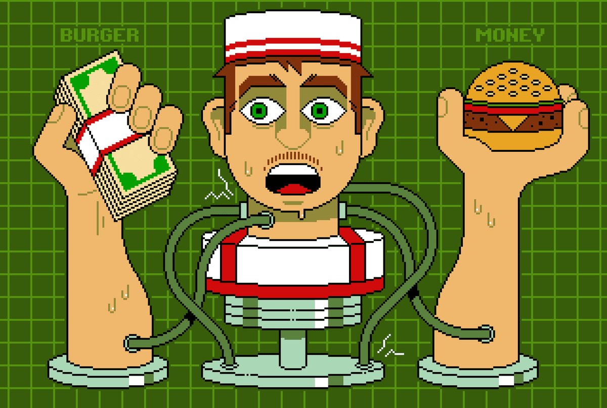 Cartoon arms holding cash and burger, connected by tubes to a machine on a green grid background.