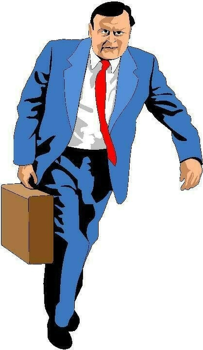 Auto-generated description: A man in a blue suit and red tie is walking while carrying a brown briefcase.