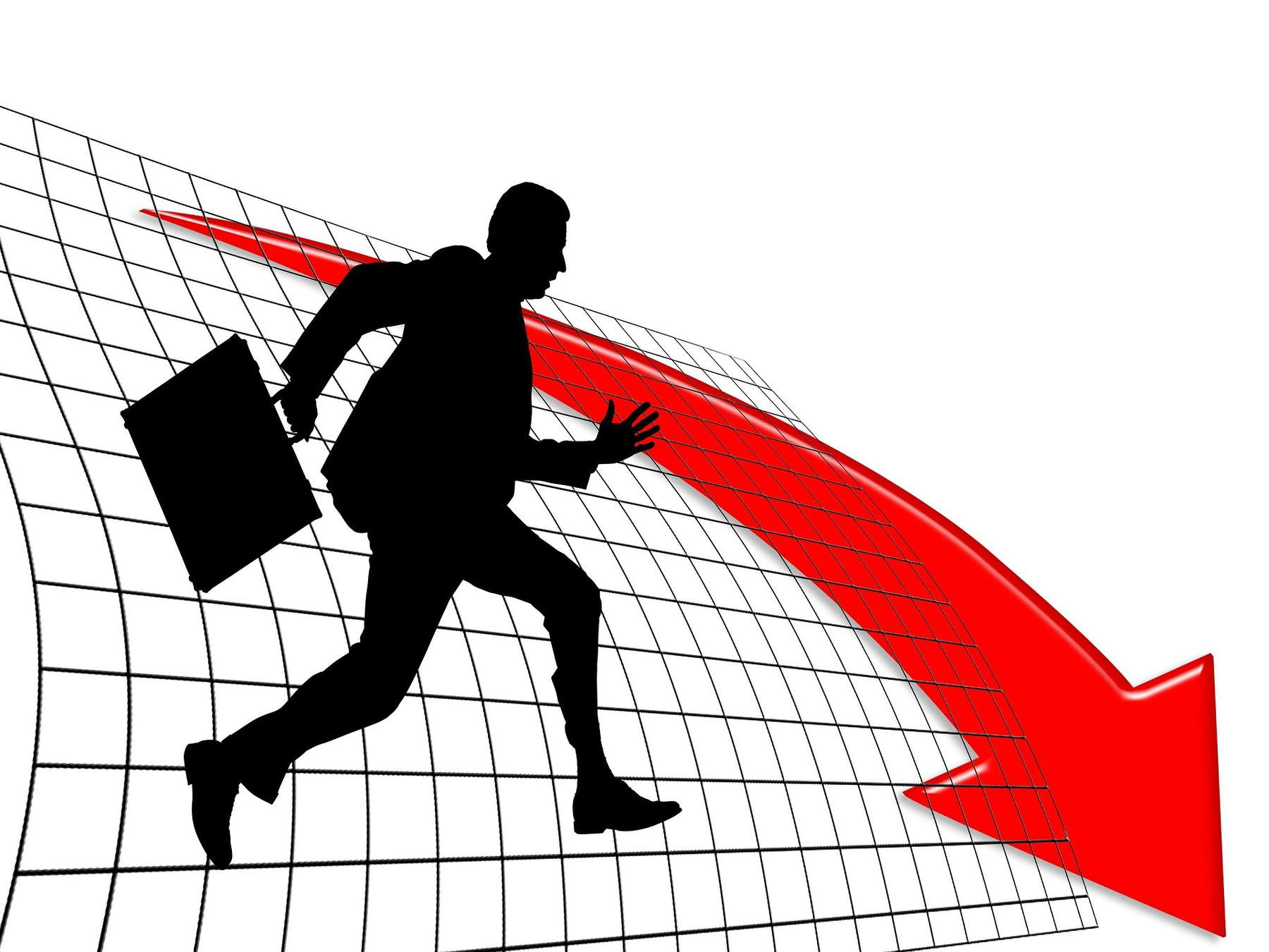 A silhouette of a person with a briefcase runs on a declining grid next to a large red downward arrow. From geralt in pixabay.