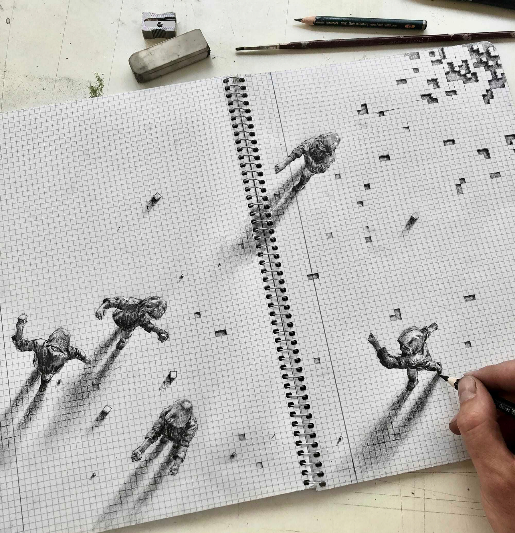 A hand is drawing realistic shadows
  and figures of people on a sketchbook, creating a 3D illusion on graph paper. Detail of 'The Architect,' Pejac (2020).