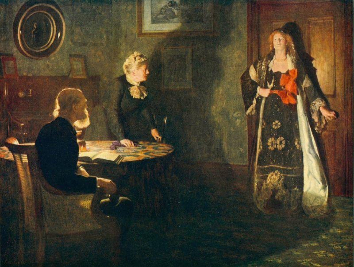 A dimly lit Victorian parlor. An elderly couple at a round table - the father seated, the mother standing beside him - look toward a young woman in an ornate black dress with floral embroidery who stands in the doorway, dramatically illuminated. A small dog sits at her feet.