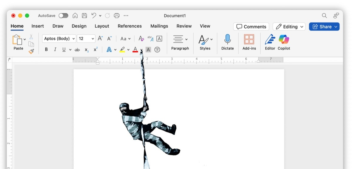Screenshot of a blank Microsoft Word document. A small black-and-white figure of a climber rappels down the page from the top toolbar, suspended on a thin rope - illustrating breaking out of the Word UI.