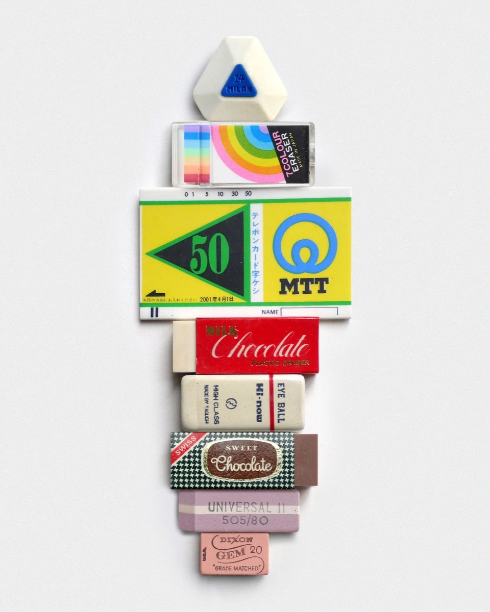 Vertical stack of eight vintage erasers with varied typography - Milan, a Japanese rainbow 7-colour eraser, an MTT telephone card eraser, Milk Chocolate and Swiss Sweet Chocolate candy-themed erasers, a Hi-now Eye Ball eraser, a Universal II 505/80, and a pink Dixon Gem 20.