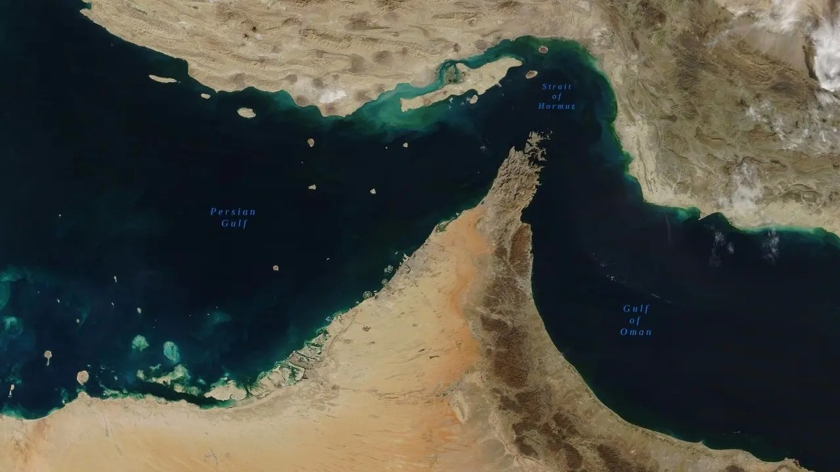 Satellite-view map of the Persian Gulf, Strait of Hormuz, and Gulf of Oman, with each body of water labeled in blue italic type