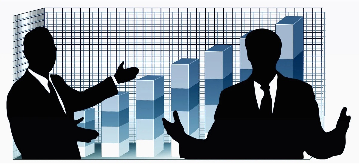Two black silhouettes of
  businessmen in suits gesturing toward a rising blue 3D bar chart against a grid background.