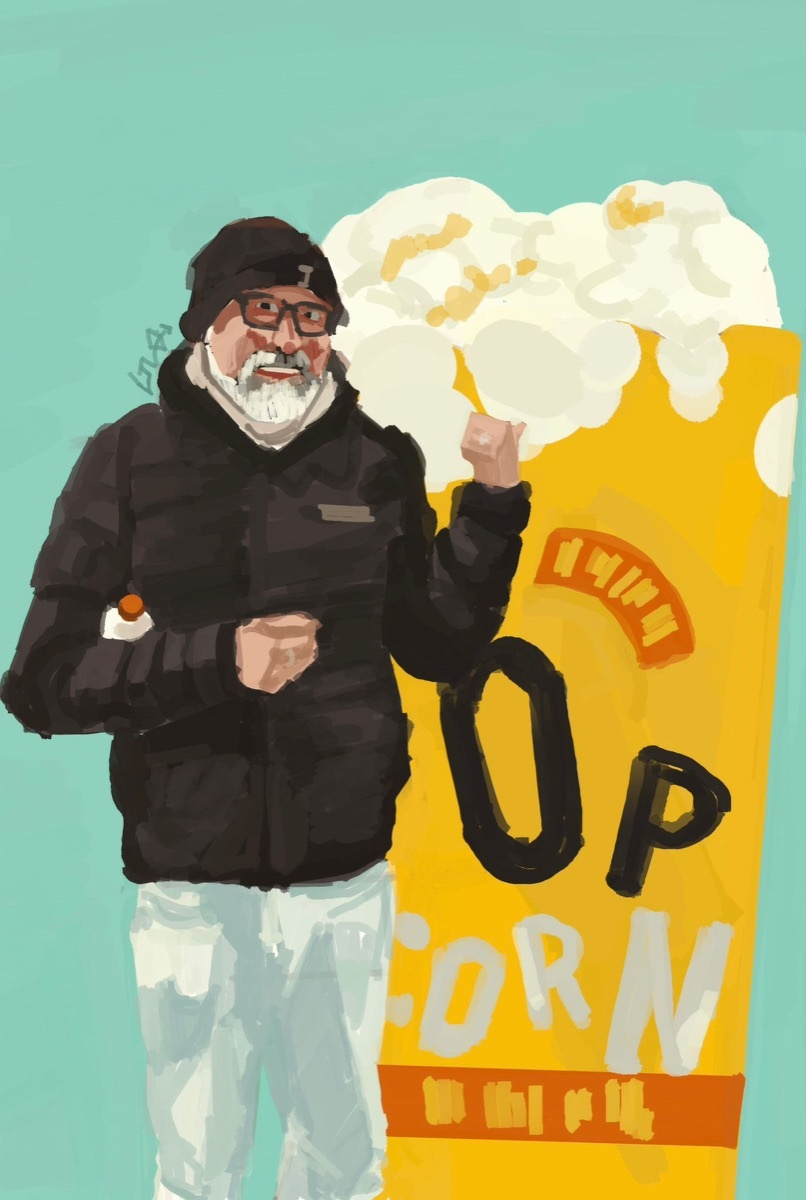 Digital painting of a man in a black puffer jacket, beanie, and glasses standing next to a giant popcorn box, against a teal background