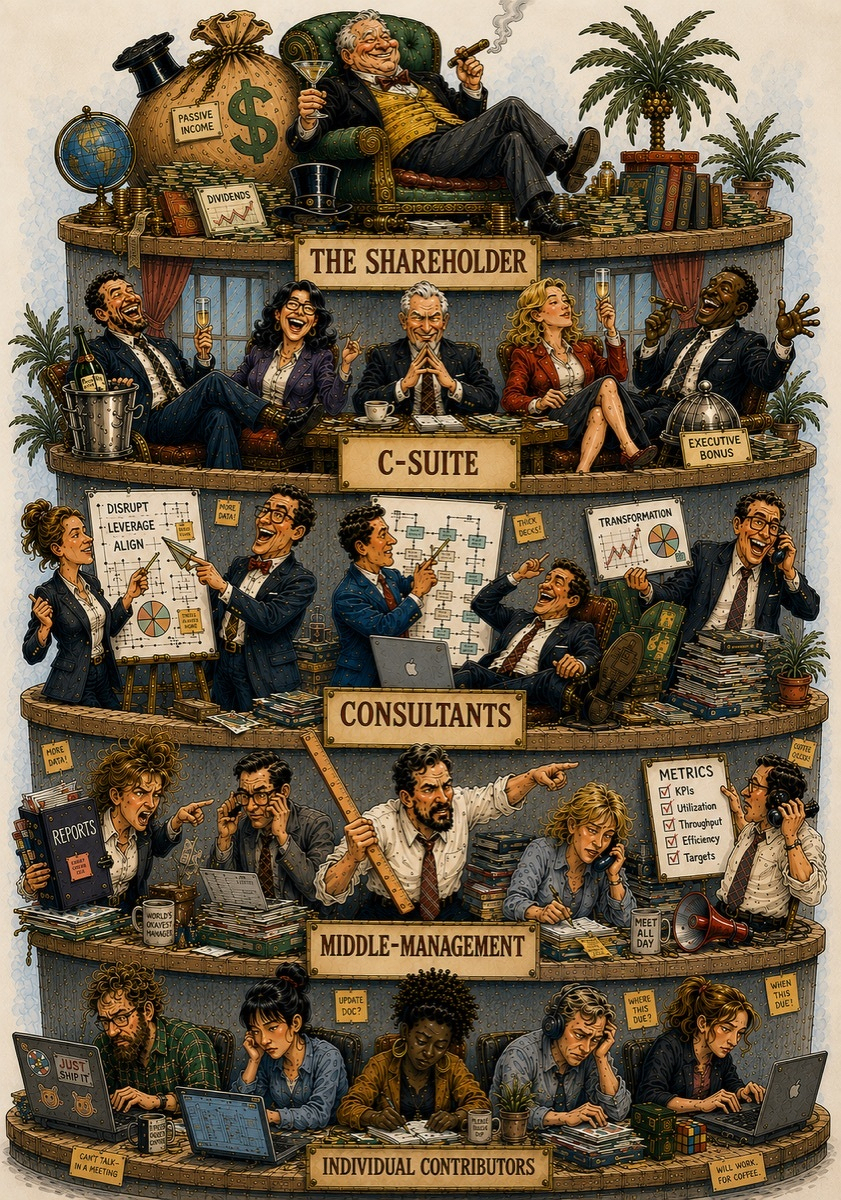 Illustrated five-tier corporate pyramid cake. Top: 'The Shareholder', a fat man with cigar and martini lounging on a moneybag labeled PASSIVE INCOME. Below: 'C-Suite', laughing executives toasting champagne. Below: 'Consultants', grinning men in suits pointing at charts saying DISRUPT, LEVERAGE, ALIGN, TRANSFORMATION. Below: 'Middle-Management', haggard managers yelling and waving rulers at METRICS checklists. Bottom: 'Individual Contributors', exhausted workers hunched over laptops with sticky notes saying WHEN THIS DUE and WILL WORK FOR COFFEE.